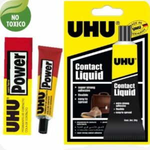 Cemento de Contacto Líquido Super Resistente UHU, ideal para uniones permanentes en una amplia variedad de materiales, disponible a $3.00