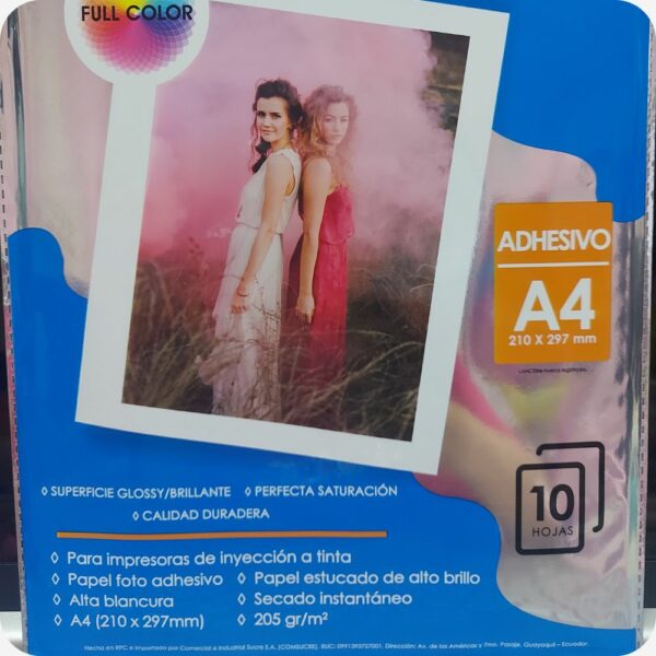 Papel Foto Adhesivo 205g A4, ideal para impresiones de alta calidad, disponible próximamente a $2 por paquete de 10 hojas.