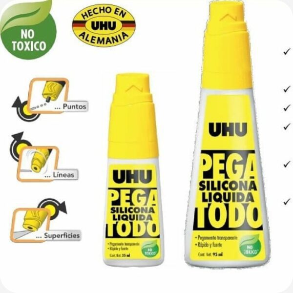 Silicona Líquida UHU Pega Todo, ideal para proyectos de manualidades y bricolaje, disponible a $1.50 por botella de 35 ml.