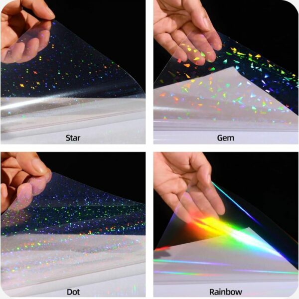 Vinil Adhesivo Holográfico para Laminar en surtido de puntos, estrellas, vidrio roto y arcoíris, disponible a $10 por paquete